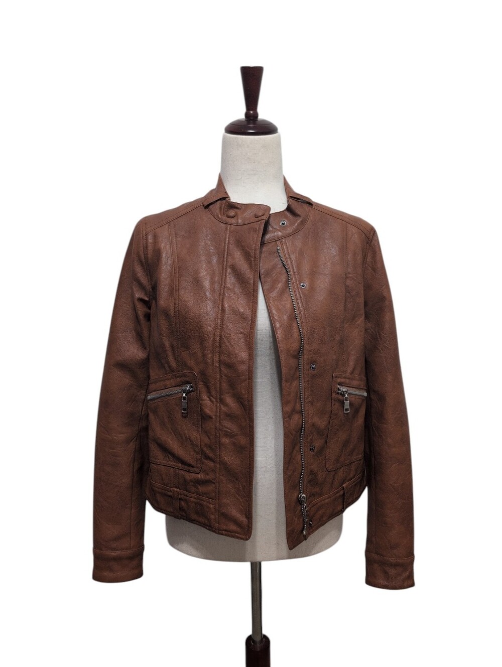 Sans Souci Brown Faux Leather Moto Jacket Small Cognac Zip Up Biker Coat BJ-596